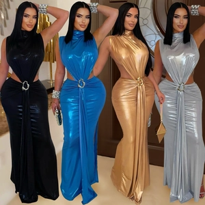 Women Sexy High Neck Cut Out Maxi Dress Metallic Shiny Sleeveless Backless High Split Evening Banquet Party Dress