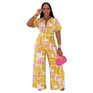 Women's summer short sleeve jumpsuit with yellow and pink geometric prints and V-neck