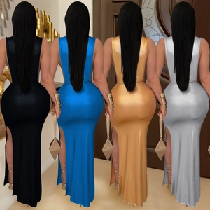 Elegant high neck backless bodycon dress with side slit in metallic black blue gold and silver