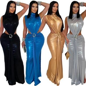 Elegant high neck backless maxi dress with metal waist ring in black, blue, gold and silver