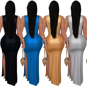 Detail view of backless high-neck maxi dress with metallic finish and side slit in four colors