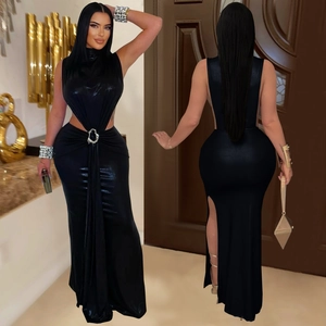 Elegant black high neck maxi dress with side cut-outs, rhinestone ring and high split