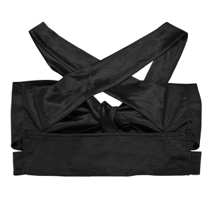 Detail eines schwarzen Tops mit Kreuzgurten, Stützband und Satin-Effekt-Gewebe
