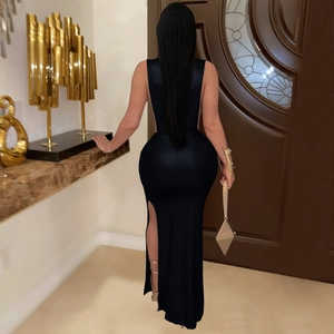 Back view of elegant black backless dress with deep V-cut and sexy high side slit