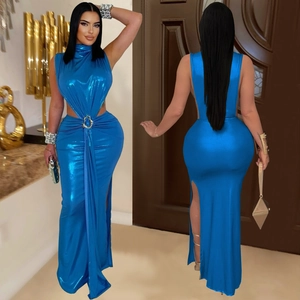 Electric blue sleeveless high neck maxi dress with cutout waist and side slit