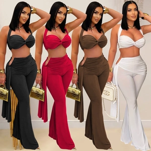 Ensemble 2 Pièces Sexy pour Femme Top à Nœud Torsadé et Pantalon Évasé Taille Haute avec Drapé Latéral