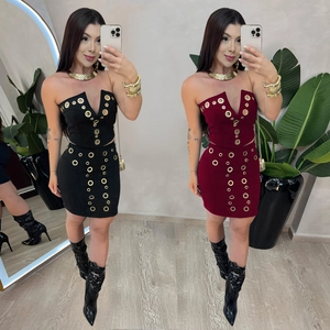 Women Sexy Two-Part Outfit Metal Eyelet Decor V-Neck Tube Top And Bodycon Mini Skirt Solid Color Elegant Summer Clothing