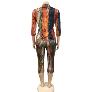 Rear view of women's slim-fit two-piece set with multi-color abstract vertical print