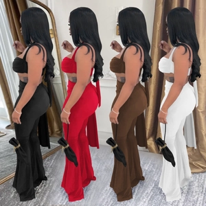 Ensemble chic deux pièces pour femme avec top bustier et pantalon évasé en quatre coloris