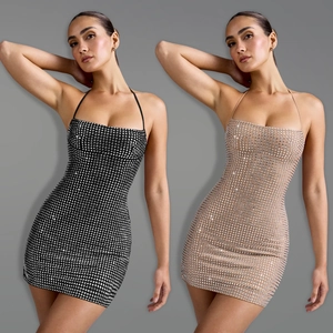Sexy Halter Rhinestone Mini Dress Backless Bodycon Slim Fit Party Evening Dress For Women Sparkling Clubwear Outfits