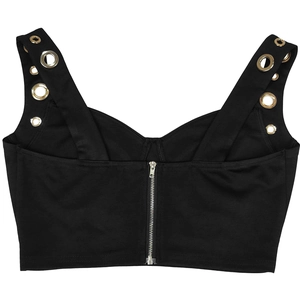 Detailansicht der Rückseite eines schwarzen Crop-Tops mit Ösen und zentralem Metallreißverschluss
