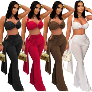 Ensemble sexy deux pièces pour femme avec haut licou et pantalon évasé en quatre couleurs