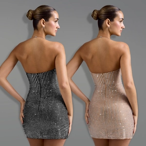 Women's sexy bodycon halter mini dress with shimmering rhinestones in black and champagne