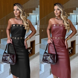 Abito Midi da Donna Sexy in Pelle PU Senza Spalline Con Occhielli Dorati Elegante Spacco Aderente Vestito da Festa Clubwear