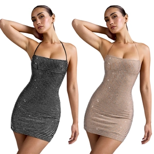 Chic halter neck sequin mini dress in black and champagne for party night style