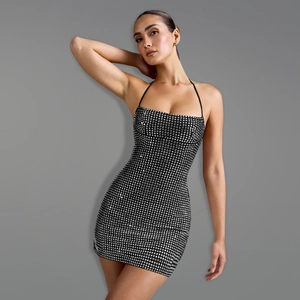 Sexy black halter neck bodycon dress with sparkling silver sequins and backless design
