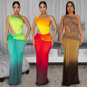 Robe Maxi Sexy pour Femmes Une Épaule Avec Découpe Dégradé Plis Bodycon Robe de Soirée Longue Été Mode Tenue de Plage
