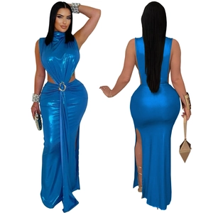 Detail view of metallic blue bodycon dress with high neck waist cutout and high side slit