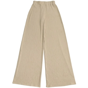 Detail showing high-waisted pleated wide-leg pants in a beige crinkle texture fabric