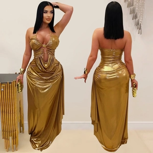 Damen Neckholder Gold Metallic Plissee Bodycon Maxikleid Sexy Hohl Heraus Rückenfrei Party Abend Bankett Hochzeit Kleid