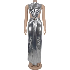 Silver metallic high-neck maxi dress with waist cut-out and golden ring detail