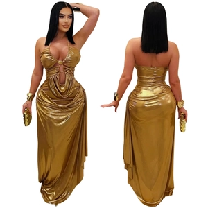 Sexy goldene Neckholder-Maxikleid mit Cut-out und Raffung für Damen in Metallic-Optik