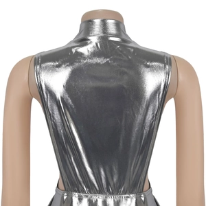 Close-up of metallic silver high-neck dress with reflective fabric and open back