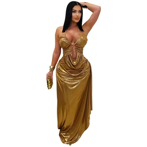 Sexy goldene Neckholder-Abendkleid mit tiefem V-Ausschnitt und Raffung für Partys