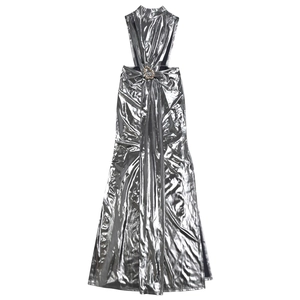 Detailed view of futuristic silver liquid metallic maxi dress with side cut-outs and ring