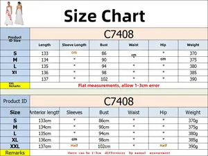 Size chart for women's floral backless maxi dress showing detailed CM and gram measurements