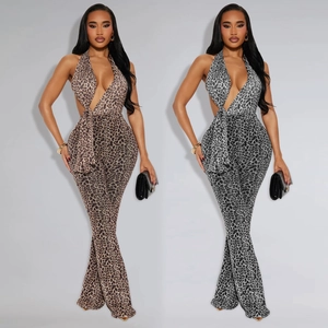 Leopard Print Halter Deep V Jumpsuit For Women Sexy Backless Flared Leg Mesh One Piece Romper Nightclub Party Clubwear