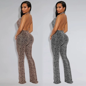 Women's leopard print halter neck jumpsuit with backless design and flared leg pants