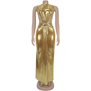 Detail of metallic gold sleeveless dress with waist cutouts and metal ring fastener