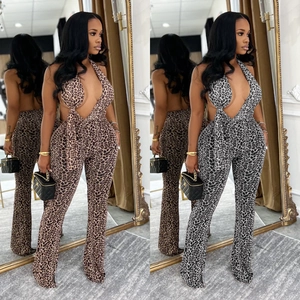 Women's sexy leopard print halter jumpsuit with deep V-neck and slim fit flared legs