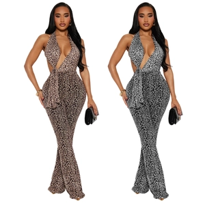Sexy leopard print halter jumpsuit with deep V-neck and stylish flared leg design