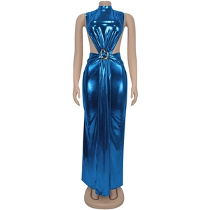 Close-up of shiny blue metallic dress with high neck and side cutout with golden ring