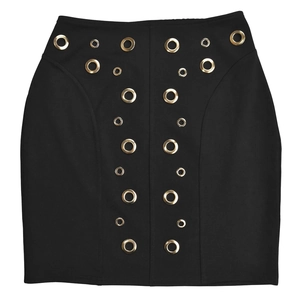 Close-up of black mini skirt featuring symmetric gold metal eyelet ring decorations