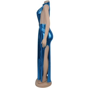 Detail of high neck metallic blue dress with side waist cut-out and high split leg