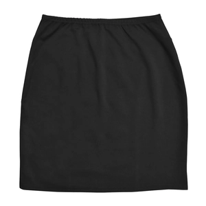 Detail view of high-waist elastic band on a classic black mini skirt with knit texture