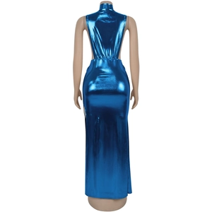 Detail of elegant backless high neck maxi dress in metallic blue fabric with reflective finish