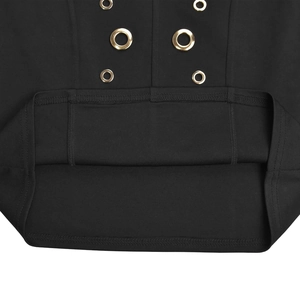 Detail of black knit fabric featuring golden metal eyelets and double-needle hem stitching