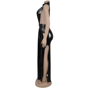 Side view of sleek black high neck dress featuring metallic gloss and high side slit