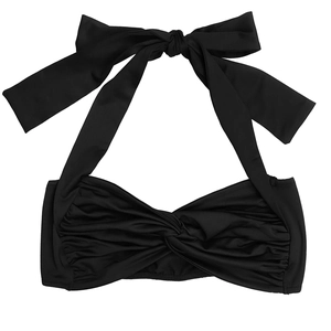 Détail d'un haut de bikini licou noir avec grand nœud décoratif et texture froncée
