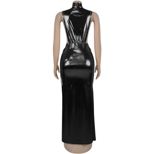 Macro detail of glossy black metallic fabric on elegant backless evening gown