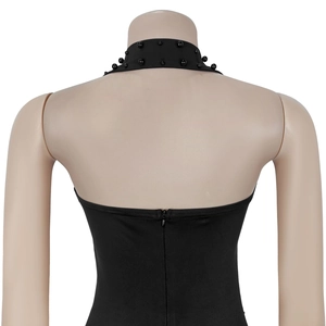 Detailed back view of halter neck dress with black bead trim and invisible zipper