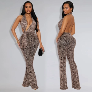 Detailed front and back view of a sexy leopard print halter jumpsuit with backless design
