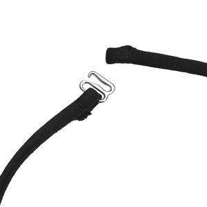 Detail of black elastic strap with a silver S-shaped metal hook closure and stitching