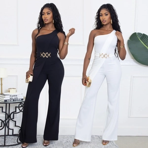 Women Elegant One Shoulder Wide Leg Jumpsuit With Metallic Decoration Belt Summer Sleeveless Solid Color Jumpsuit Fashion Casual Long Romper