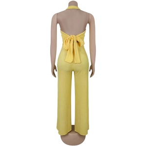 Detail of light yellow two-piece set featuring backless halter top with large bow and pleated pants