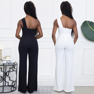Elegant one shoulder wide leg jumpsuit for women with open back and slim fit silhouette